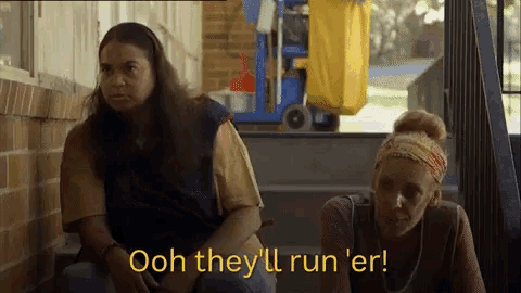 two women are sitting on the steps and one of them is saying ooh they 'll run er