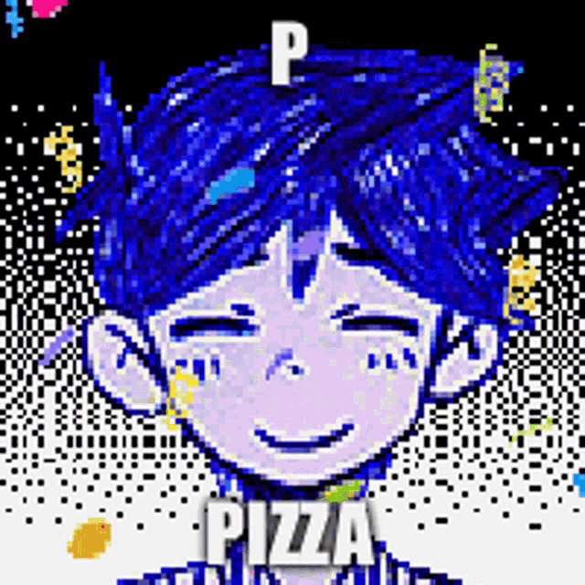 a pixel art drawing of a boy with blue hair and the word pizza written on the bottom