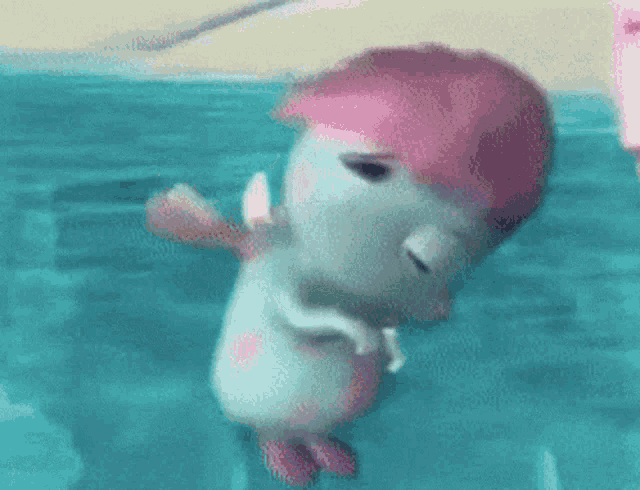 a cartoon duck with pink hair is swimming in a pool .