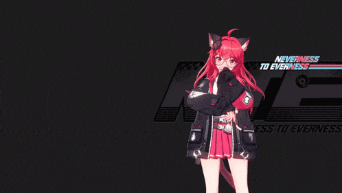 a girl with red hair stands in front of a sign that says neverness overness