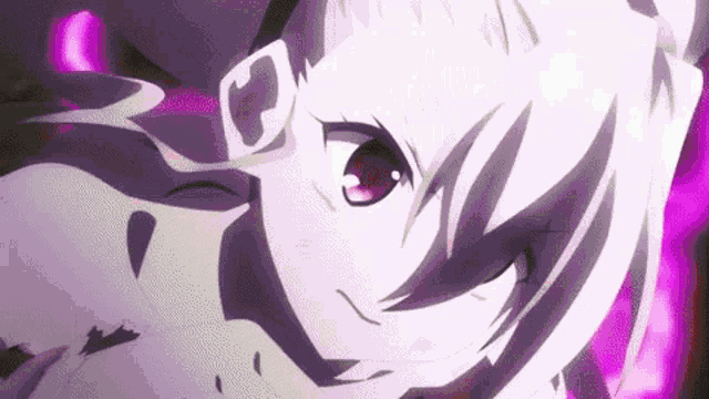 a close up of a person 's face with purple eyes and white hair .