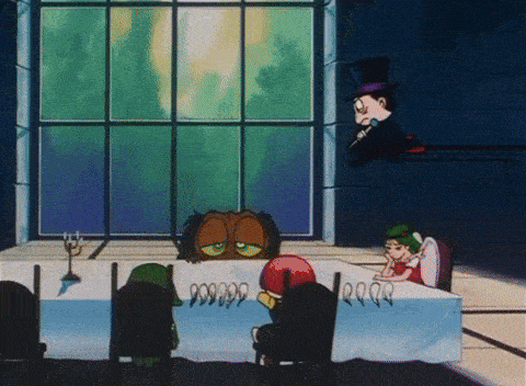 a group of cartoon characters are sitting around a table with numbers 9999 on it