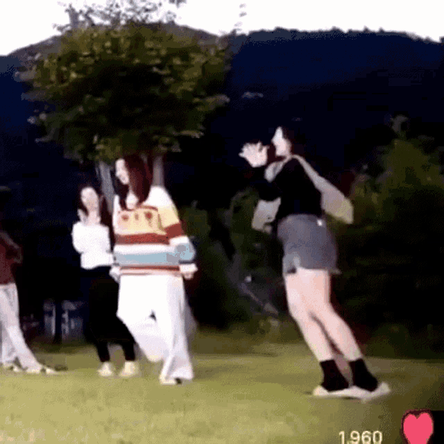 a group of young women are dancing in a park .