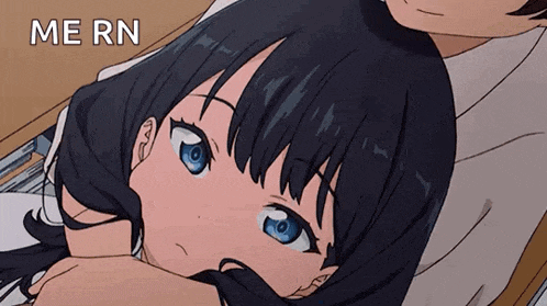 a girl with blue eyes is laying on a man 's lap and the words me rn are above her