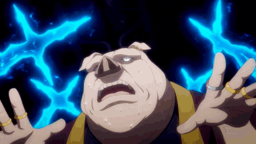 a pig with rings on his fingers is surrounded by blue light