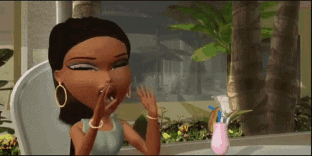 a cartoon girl is sitting at a table with a drink