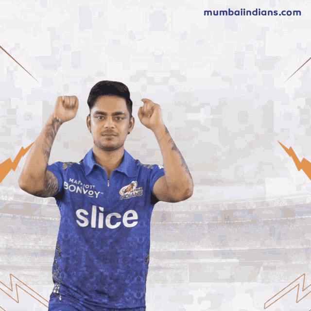 a man wearing a blue shirt that says slice