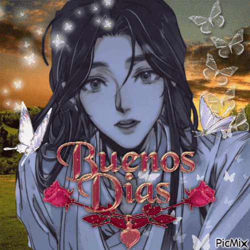 a picture of a girl with the words buenos dias written on it