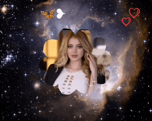 a woman is surrounded by hearts and butterflies in a space background