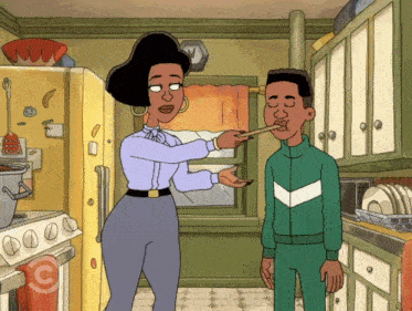 a cartoon of a woman feeding a boy a spoon