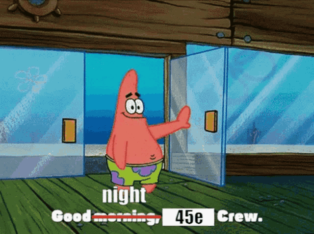 patrick star from spongebob giving a thumbs up in front of a glass door