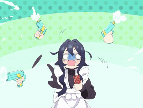 a girl in a maid costume is holding a card and a gun