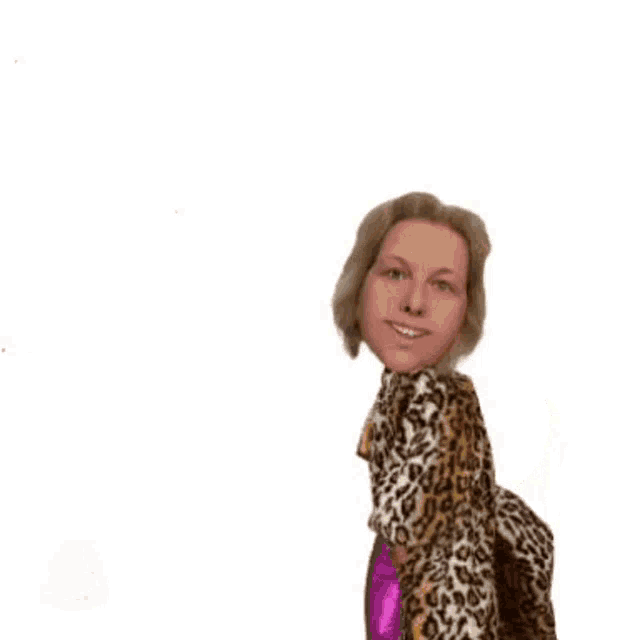 a woman wearing a leopard print coat and purple pants is making a peace sign