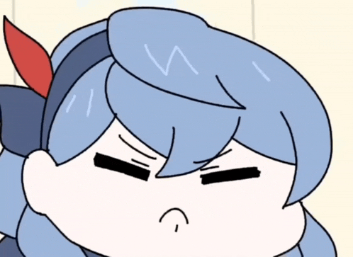 a cartoon drawing of a girl with blue hair and a red bow