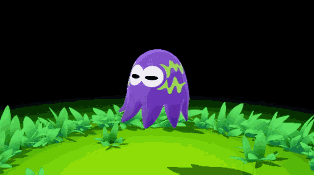 a purple cartoon character is standing in a field of green grass