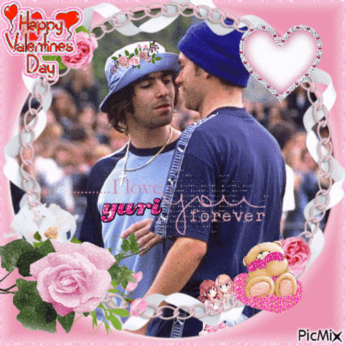a happy valentine 's day greeting card with two men and flowers