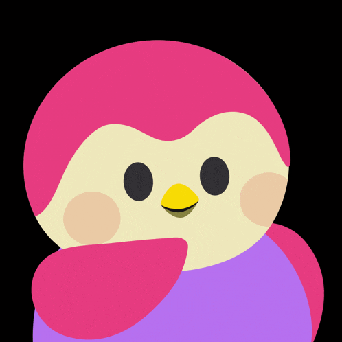 a pink and purple penguin with a yellow beak covering its face