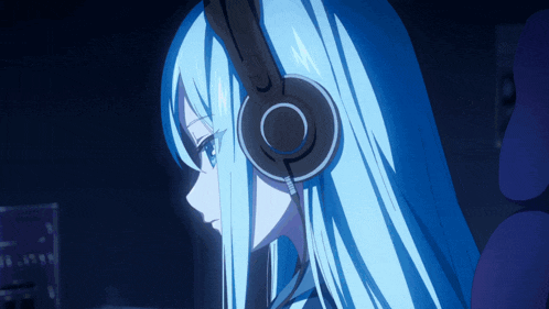 a girl with blue hair is wearing headphones and looking down