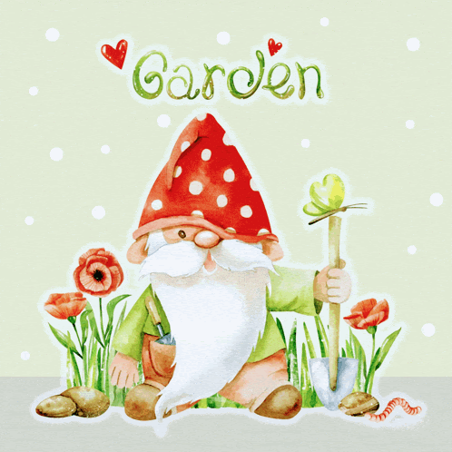 an illustration of a gnome holding a shovel with the word garden written above him