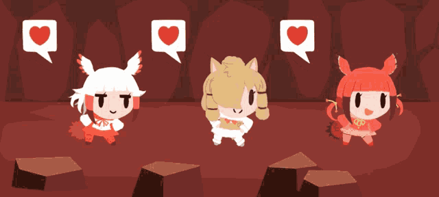 three cartoon characters are standing next to each other with speech bubbles with hearts on them