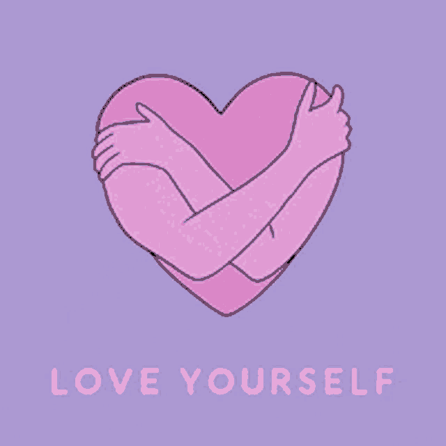 a cartoon illustration of a person hugging a pink heart with the words love yourself below it