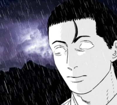 a black and white drawing of a man in the rain with his eyes closed