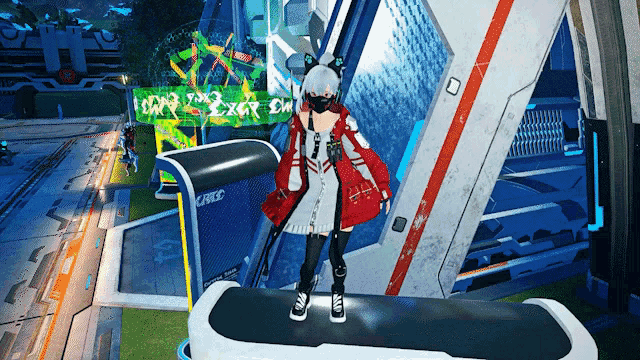 a girl in a red jacket is standing in front of a sign that says exer em