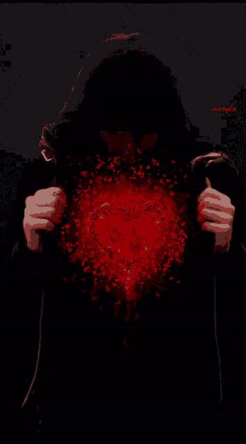 a man in a hooded jacket is holding a red heart