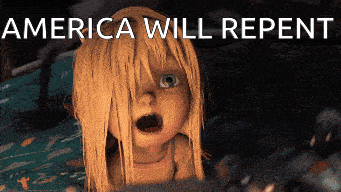 a cartoon girl with a surprised look on her face and the words america will repent behind her