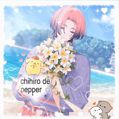 a picture of a girl holding a bouquet of flowers with chihiro de pepper written on the bottom