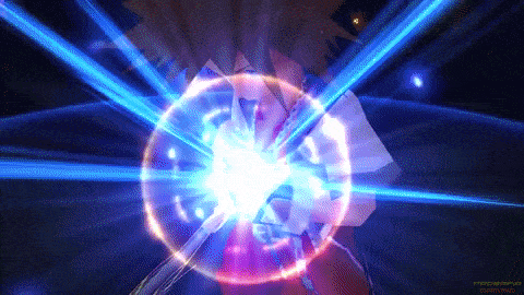 a video game character is surrounded by blue and purple rays
