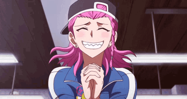 a girl with pink hair is wearing a baseball cap with the letter o on it