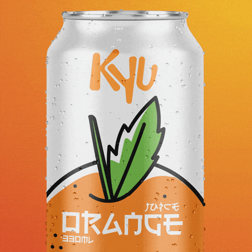 a can of kyu orange soda with a green leaf on the front
