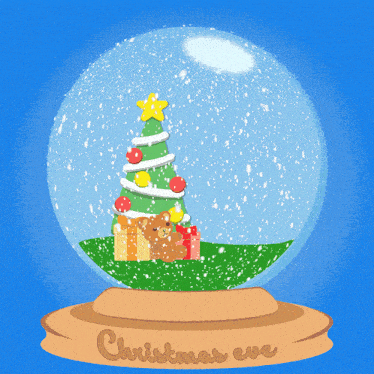 a christmas eve snow globe with santa and a christmas tree inside