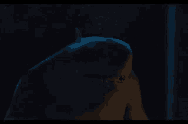 a close up of a person 's face in the dark with a shark 's mouth open .