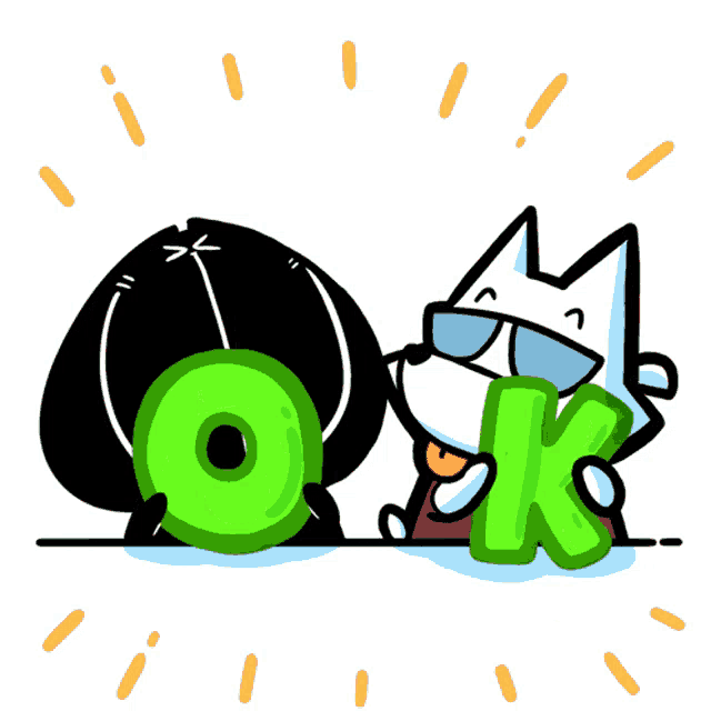 a cartoon drawing of a dog holding a green letter k
