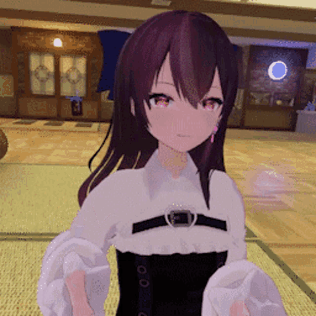 a girl with purple hair and red eyes is wearing a white shirt and black corset