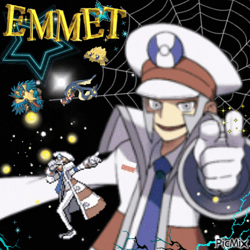 a pixel art of emmet giving a thumbs up with a spider web in the background