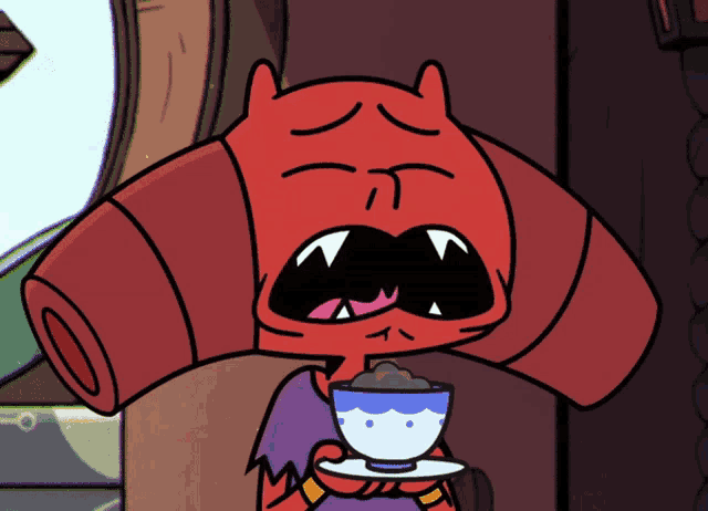 a cartoon character is holding a cup of coffee with his mouth open