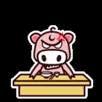 a cartoon pig is sitting at a table with chinese writing .