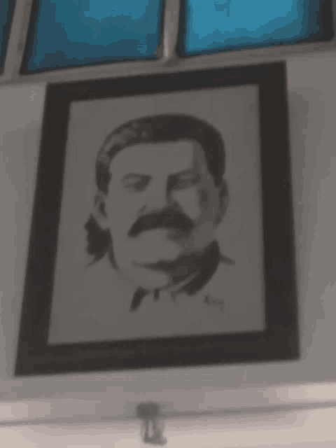 a framed portrait of a man with a mustache is hanging on a wall