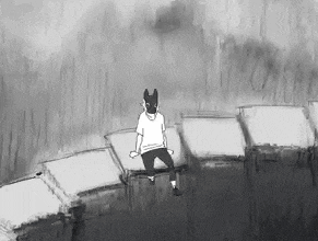 a black and white drawing of a man wearing a mask sitting on a bench in the rain .