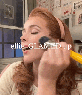 a woman is applying makeup with the words ellie glamed up written above her