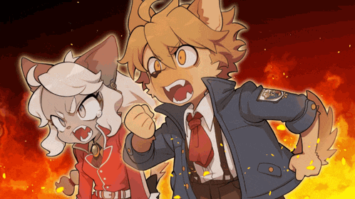 a man and a woman are standing next to each other in front of a fire