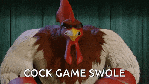 a cartoon rooster with the words cock game swole on the bottom