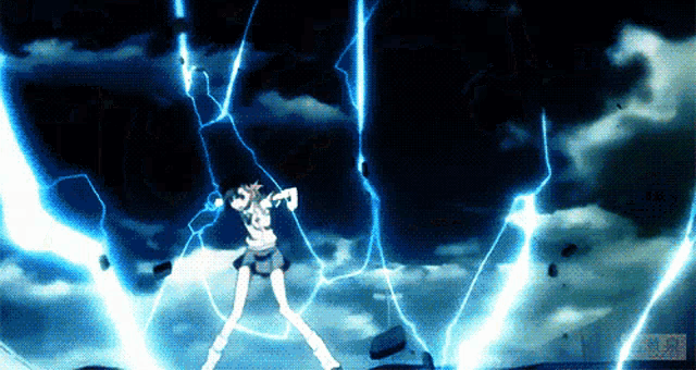a girl is standing in front of a lightning storm in a anime scene .