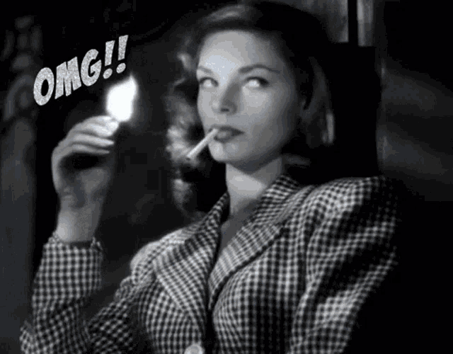 a black and white photo of a woman lighting a cigarette with the words omg written above her