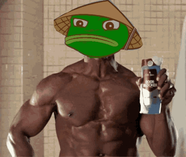 a shirtless man holds a can of odor blocker in his hand