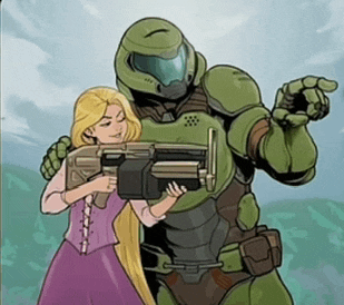 a cartoon of a woman holding a gun next to a doom slayer