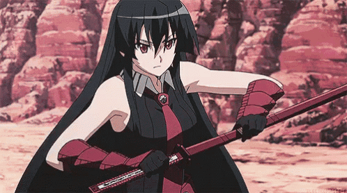 a girl with long black hair is holding a sword in her hands